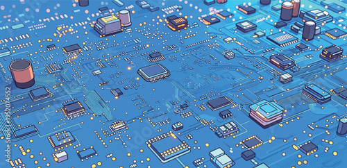 Close view of a circuit board with various components and connections on a blue background during the daytime