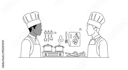 Dynamic vector illustration depicting two professional male chefs in uniform actively preparing food in a modern kitchen setting