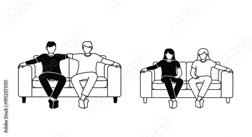 Simple black and white vector illustration contrasting two couples sitting comfortably on separate couches facing each other with a versus symbol.