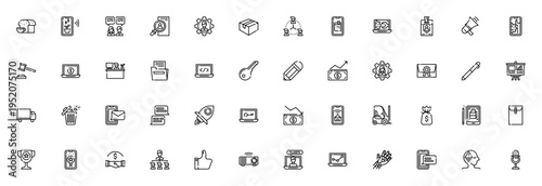Business elements icon set. Vector pack with symbols for toast, smart farm, team, audiobook, growth, analytics, and more. Editable thin line icons.