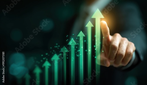 businessman touching a growth arrow graph icon on a virtual screen with upward arrows, against a green background with a blur effect, for a financial business concept of performance Generative AI