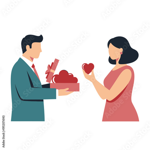 Man gives woman a gift of hearts and flowers.