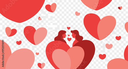 Two people embracing surrounded by red hearts on a transparent background.