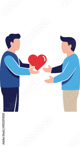 Two people exchange a red heart symbol against a white background.