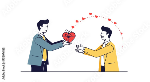 Two men exchange a heart symbol representing connection and care.
