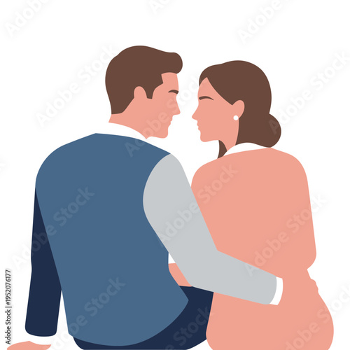 Couple looking at each other with arms around each other.