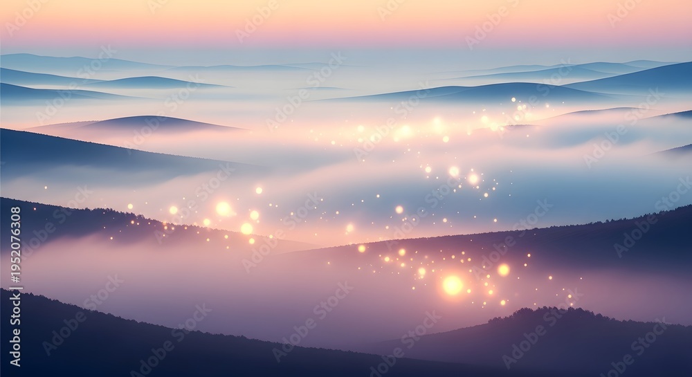 Obraz premium Magical Misty Mountains Sunrise with Glowing Lights.