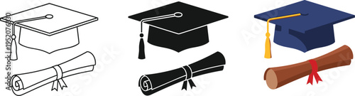 Graduation cap and diploma scroll icon set, mortarboard hat with certificate, university degree symbols in outline, silhouette, and flat styles.