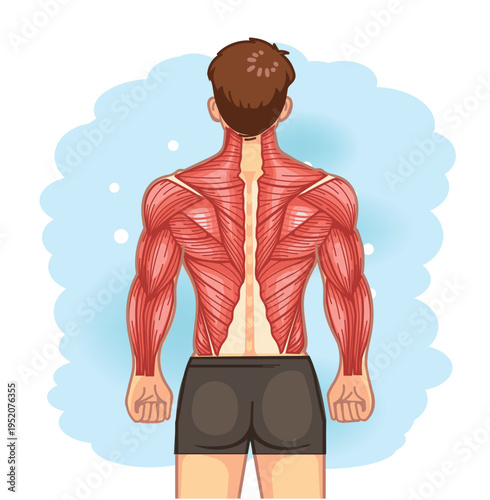 Anatomical illustration of the muscles of the upper human body, viewed from the back