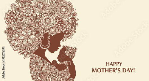African American Mother Holding Baby with Floral Afro Hair Illustration - Happy Mother's Day Card Design with Intricate Mandala Patterns and Boho Style