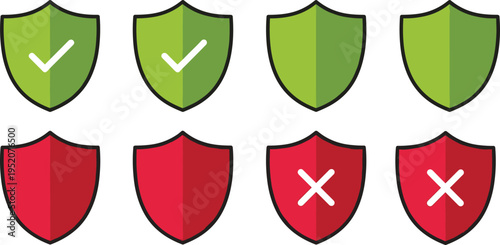 Security shield icons set with check mark and cross symbols, protection security icons in green and red colors, 20 words.