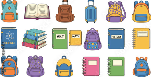 Set of colorful school backpacks and textbooks, educational book icons for science, math, art, history, and student rucksack vector illustrations.