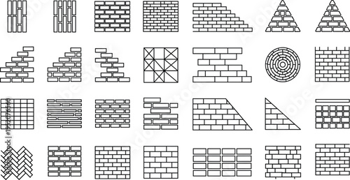 Set of brick wall patterns, construction masonry bond icons, building material textures, architectural stone tiling, house wall outlines, and pavestone designs.