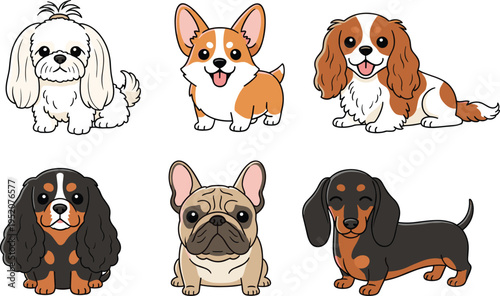 Set of cute cartoon dog breed characters, Corgi, French Bulldog, Dachshund, Shih Tzu, and Cavalier King Charles Spaniel vector illustrations.