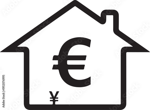 A house with a euro and yen symbol