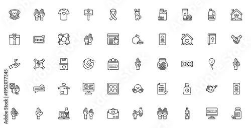 Charity icon set. Vector illustration pack. Includes symbols for donation, healthcare, love, help, animal rescue, food, medical and more. Editable stroke.