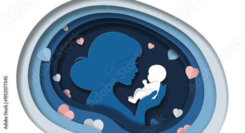 Elegant Paper Cut Style Illustration of a Mother Silhouetted Holding Her Newborn Baby with Pastel Hearts - Motherhood and Maternity Concept