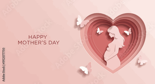 Happy Mother's Day Greeting Card with Paper Cut Silhouette of Pregnant Woman Inside a Heart Frame with Butterflies on Pink Background
