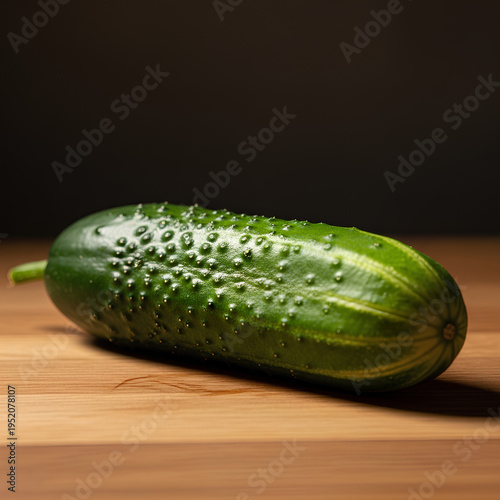 A single fresh green cucumber with bumpy skin on a wooden surface.