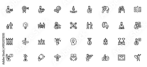 Leadership icon set. Vector symbols for influence, teamwork, motivation, vision, brain, chess, medal and more. Minimalist business leadership icons.