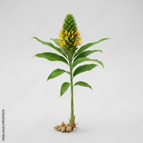 A Single Green Plant with a Yellow Flower Head.