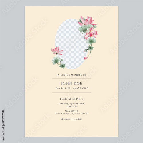 Minimalist funeral invitation featuring watercolor-style pink lotus flowers and an oval photo placeholder on a soft brown background