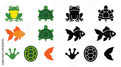 Colorful and black silhouette icons of aquatic animals including frogs, turtles, and goldfish, along with their distinct body parts like feet, shells, and tails.