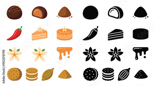 A collection of flat design vector icons depicting various food items and ingredients like chocolates, cakes, chili, vanilla, cookies, and spices in both color and silhouette.