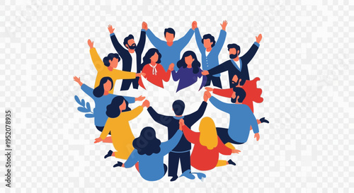 Diverse people holding hands in a circle celebrating unity and teamwork.