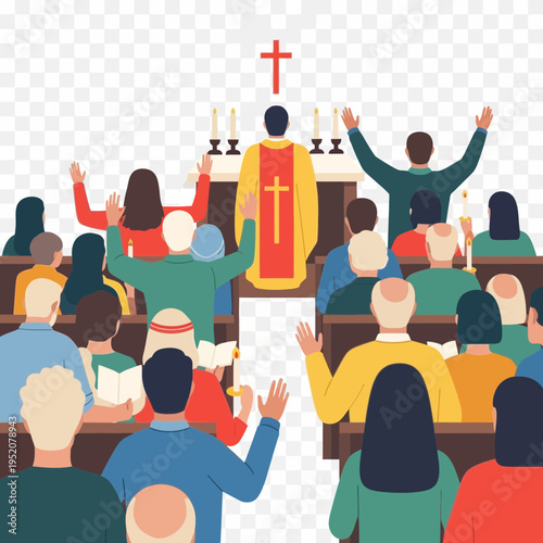 People worshiping in a church with a priest at the altar.