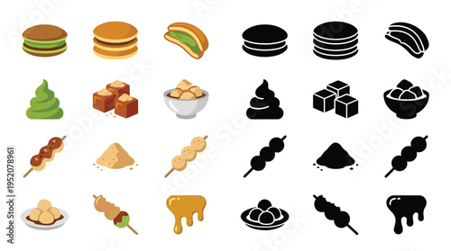 A collection of colorful and black and white icons representing various Japanese sweets and desserts, including macarons, mochi, dango, and other traditional treats.