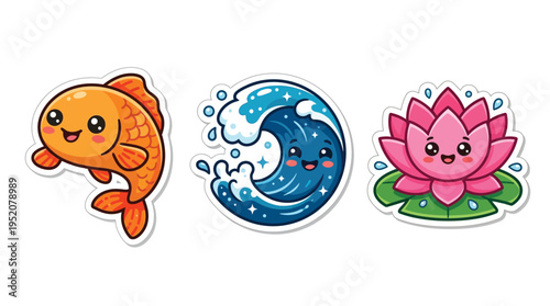 Three adorable kawaii-style stickers featuring a happy goldfish, a playful ocean wave, and a blooming lotus flower on lily pads.