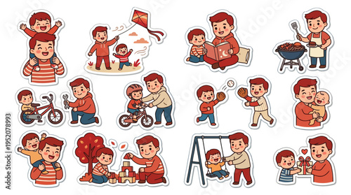 A collection of heartwarming illustrations depicting fathers and sons engaging in various joyful activities together, celebrating family bonds and childhood memories.