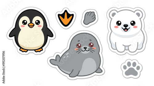 A charming collection of cute cartoon arctic and Antarctic animals, including a penguin, a seal, and a polar bear, along with their footprints.