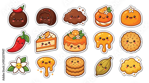 A delightful collection of kawaii-style food illustrations featuring chocolates, cakes, cookies, and fruits with adorable smiling faces.