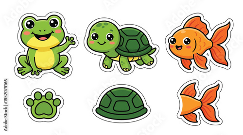 A charming collection of cute cartoon aquatic animals including a frog, turtle, and goldfish, along with their individual elements like a paw print and turtle shell.