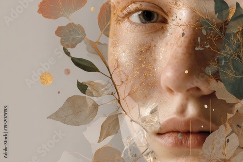 Close up of woman face with artistic golden leaves overlay and natural skin texture, beauty portrait with creative nature elements and soft light background.