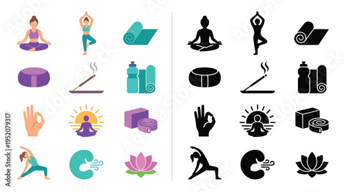 Collection of colorful and black silhouette icons representing yoga poses, meditation, and wellness accessories, illustrating a healthy lifestyle and spiritual practice.