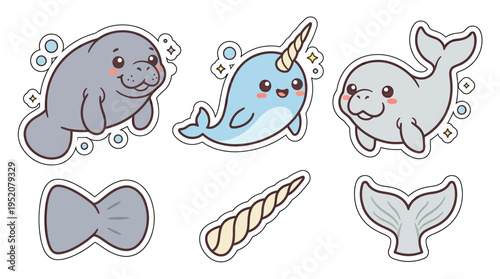 A charming collection of cute cartoon marine mammals, including a manatee, a narwhal with a horn, and a baby beluga whale, along with their individual body parts like tails and a narwhal horn.