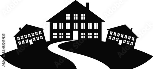 Black silhouette of houses on a hill with a winding path, residential neighborhood vector illustration, suburban home icons isolated on white.