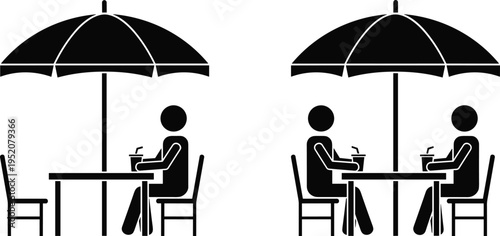 Black silhouette of people sitting at cafe table with umbrella, outdoor restaurant dining icon set, isolated vector illustration on white.