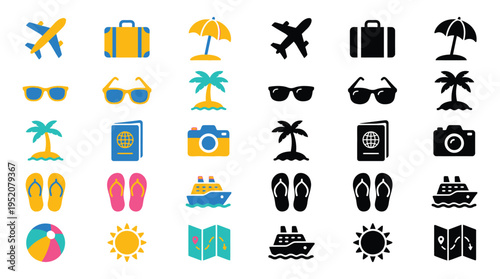 A collection of colorful and black and white travel-themed icons, including airplanes, luggage, sunglasses, and beach accessories.