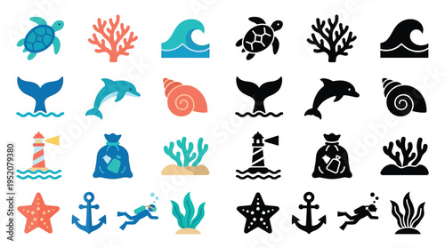 Collection of colorful and silhouette icons representing marine life, ocean elements, and environmental conservation themes.