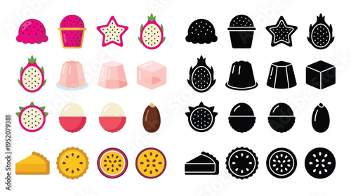 A vibrant collection of colorful and monochrome icons representing various fruits, desserts, and sweet treats, including ice cream, jelly, cakes, and exotic fruits like dragon fruit and passion fruit.