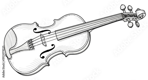 Classic Violin Line Art Drawing. Hand-drawn Musical String Instrument Sketch Isolated on White Background Vector Illustration