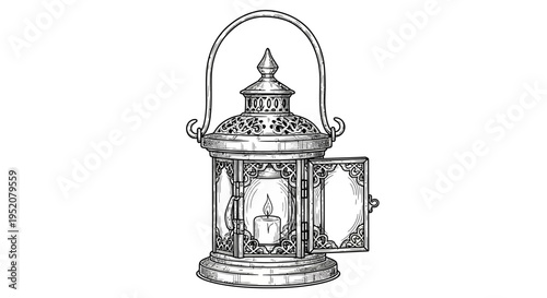 Ornate vintage lantern with burning candle inside, hand-drawn antique engraving style illustration, old-fashioned decorative light