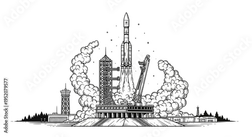 Monochrome illustration of a powerful rocket launching from a complex launchpad, depicting space exploration, science, and technological progress.