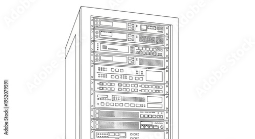 Detailed line drawing of a server rack cabinet. IT infrastructure, data center, network equipment, computing technology illustration.