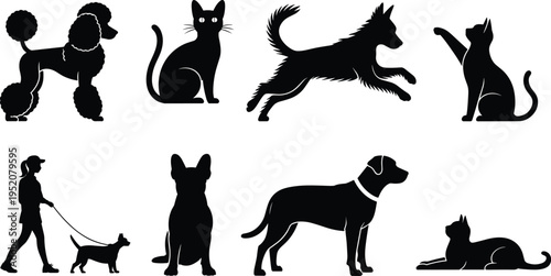 Dog and cat silhouettes vector set, pet animals collection, domestic pets icons, dog breeds and cats illustration pack