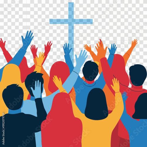 Diverse crowd with raised hands under a glowing cross.